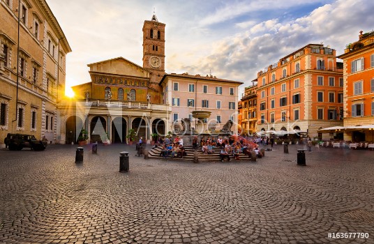 Picture of Basilica di Santa Maria in Trastevere and Piazza di Santa Maria in Trastevere at sunset Rome Italy Trastevere is rione of Rome on west bank of Tiber in Rome Architecture and landmark of Rome